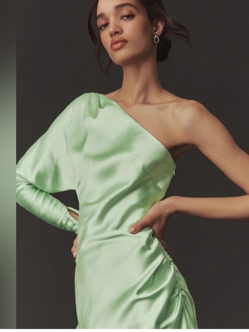 BHLDN Lucy stretch satin one shoulder long sleeve mini dress Sage green 10/M